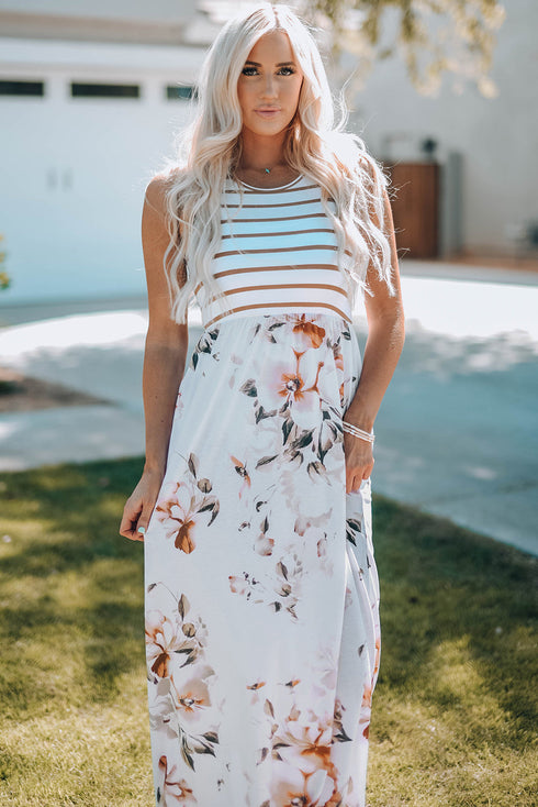 White Striped Floral Print Sleeveless Maxi Dress With Pocket